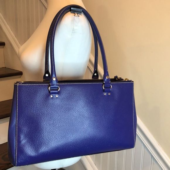 KATE SPADE Cobalt Blue Leather Satchel Tote Shoulder Bag with Three Sections - Picture 7 of 15